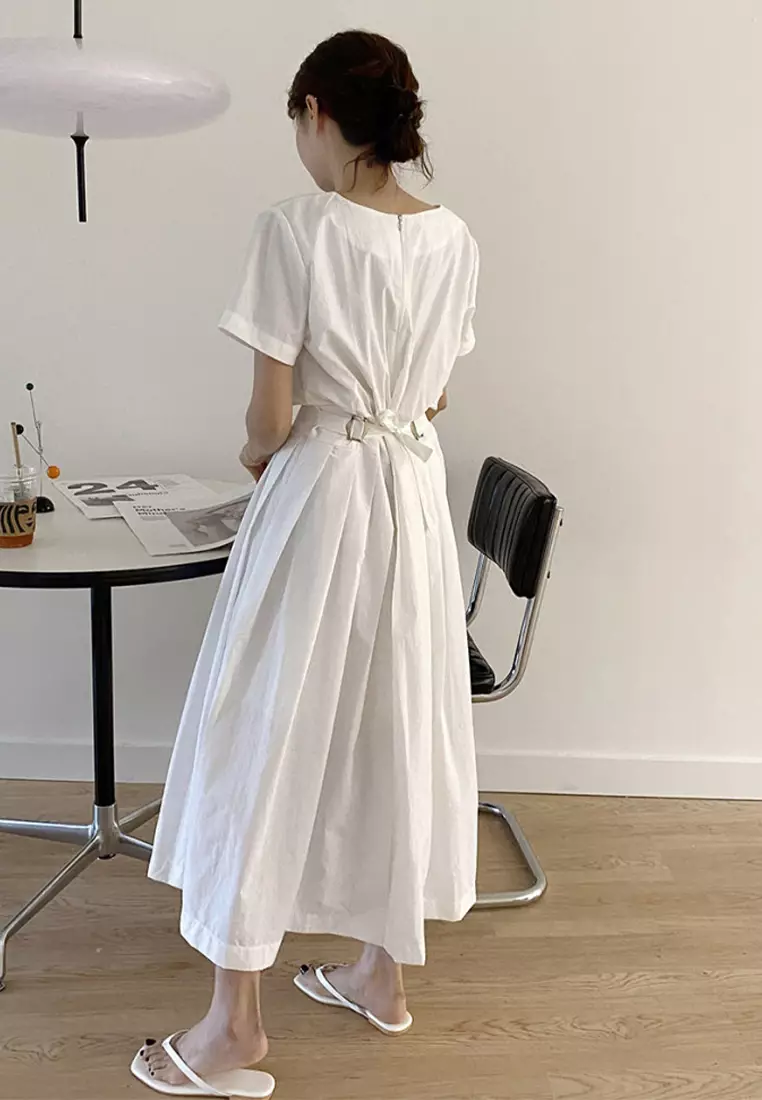 Round neck waist cinching slimming short sleeved dress CA225042249W