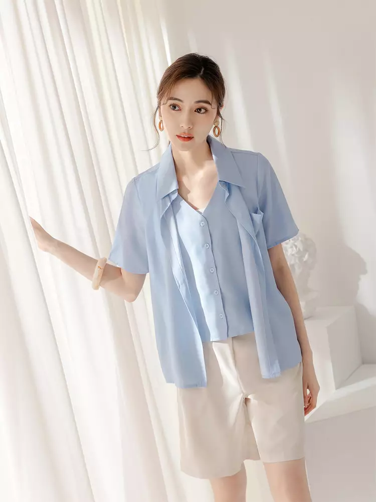 假兩件素色V領開襟短袖襯衫上衣《AB19392》