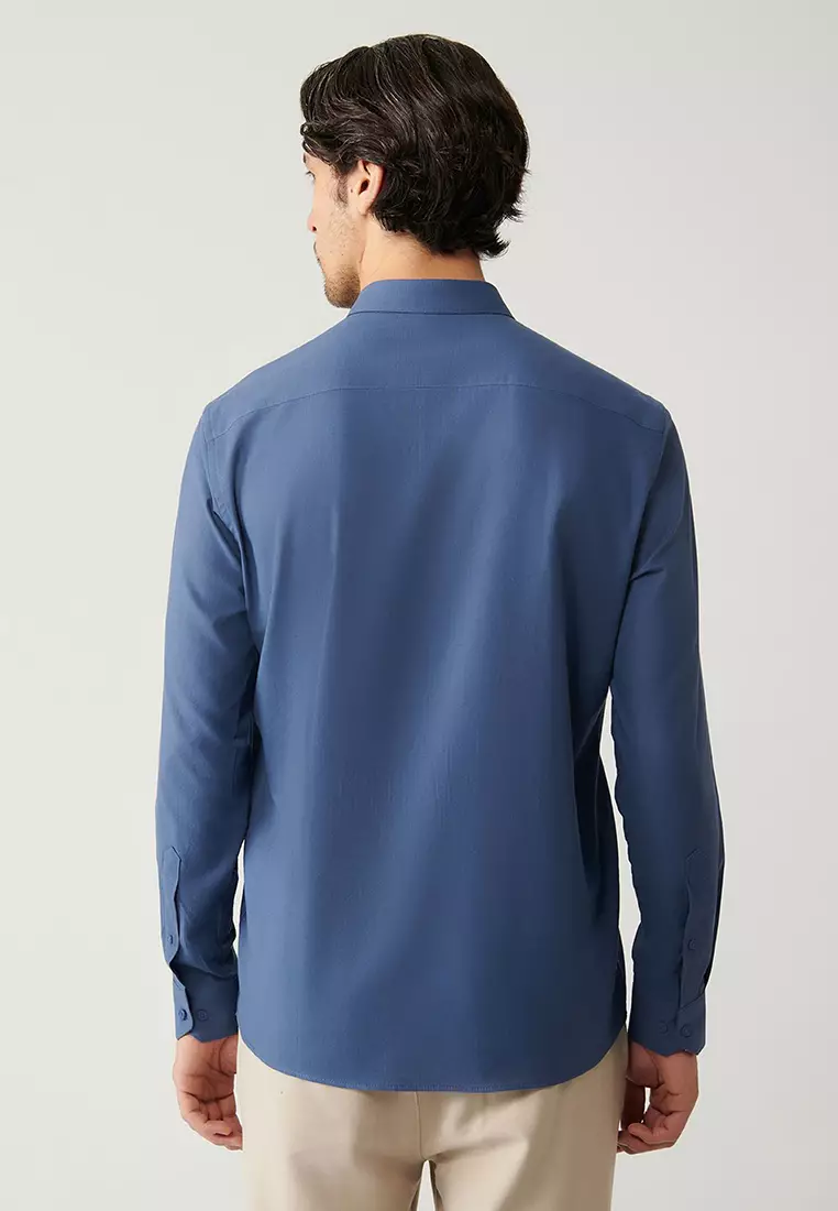 Men's Indigo Button-Down Collar 100% Cotton Linen Textured Shirt E002141