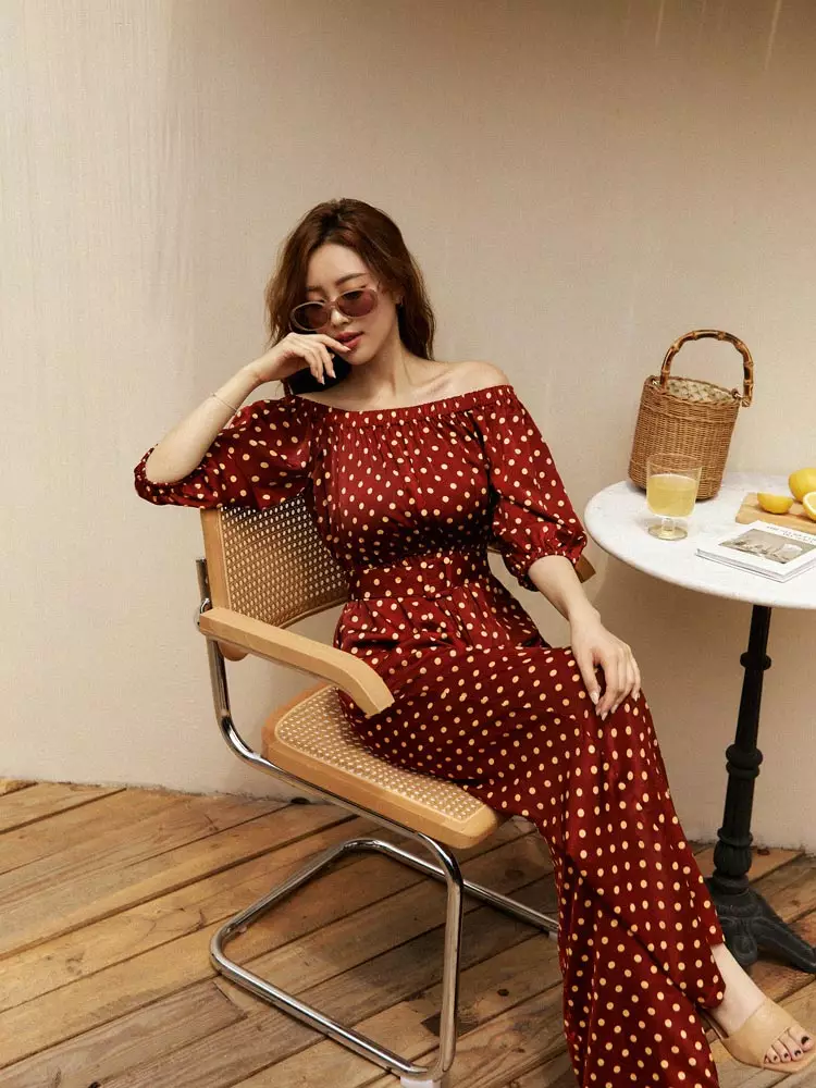 Red polka dot new arrivals off shoulder dress