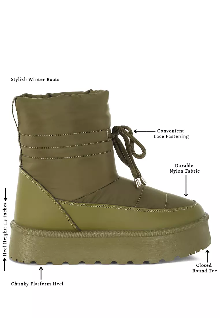 Sepatu bot salju tebal dengan pergelangan kaki tinggi berwarna hijau khaki