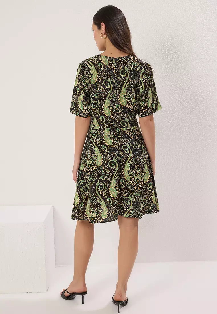 Green Floral Mini Woven Dress with Open Waist Skirt TWOSS25EL00251