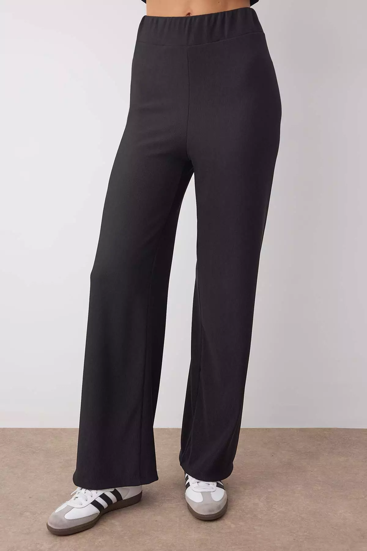 Black Polo Collar Color Block Blouse Trousers Knitted Top-Bottom Set