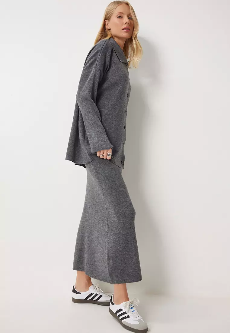 Polo Neck Knitwear Cardigan Skirt Set