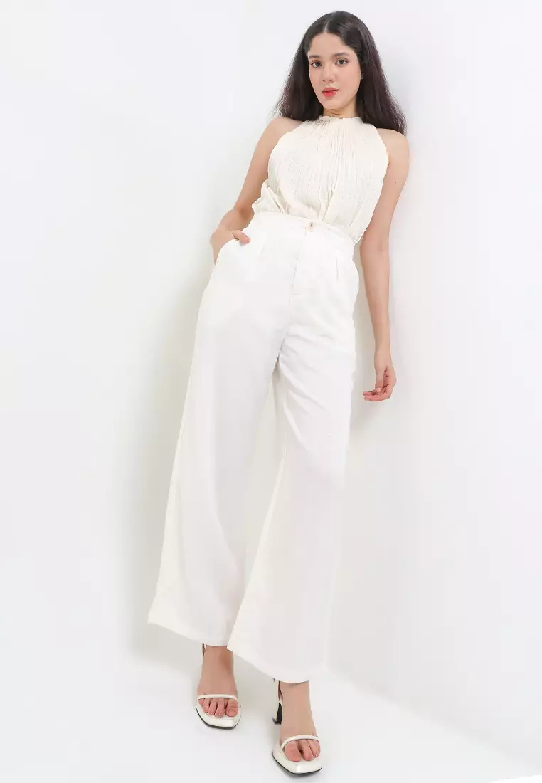 Single Pleats Semi Linen Wide Leg Trousers