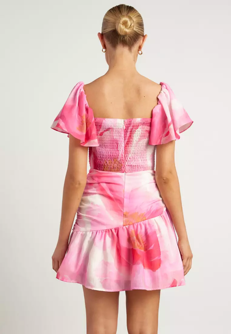 Faux Linen Floral Ruffle Detail Dress