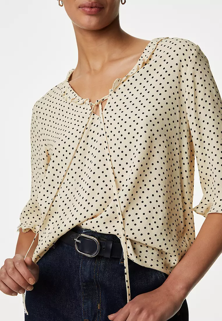 Polka Dot V-Neck Frill Detail Blouse