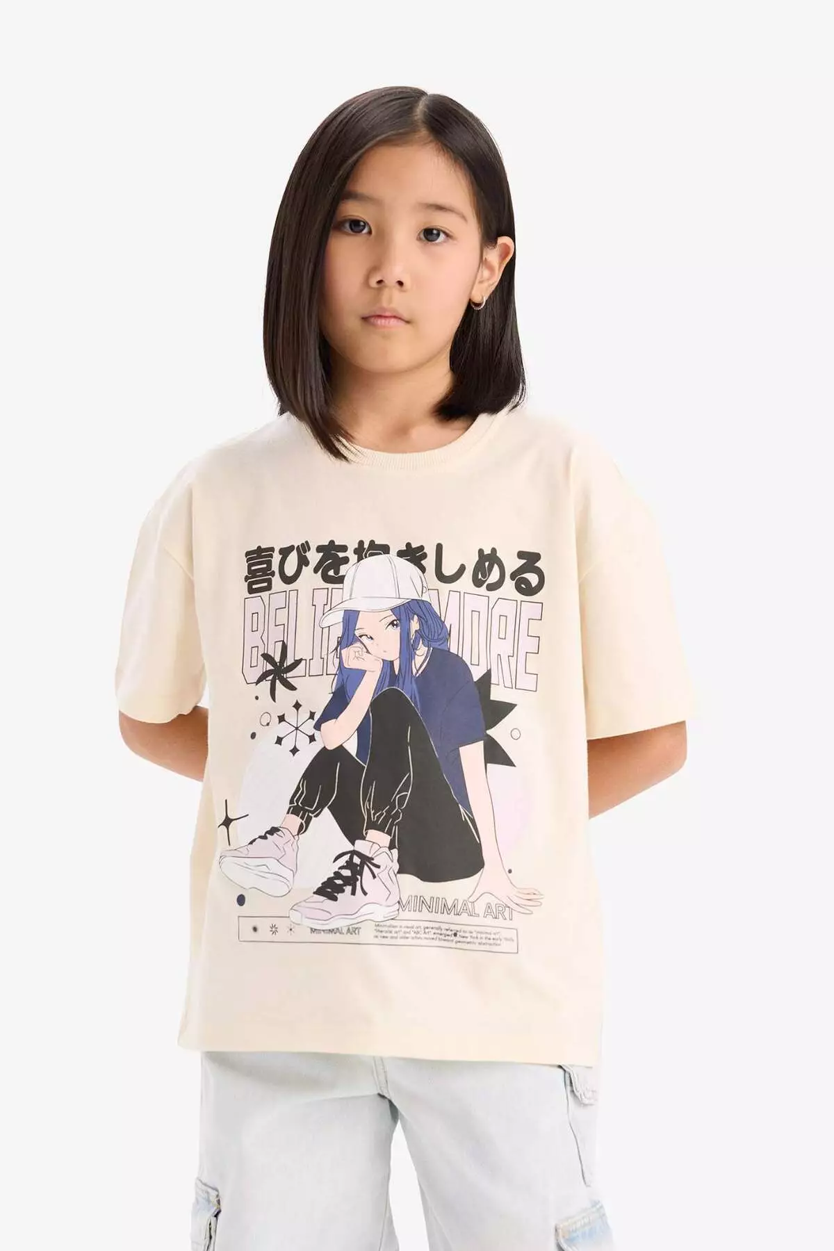 Girl's Oversize Wide Fit Crew Neck Printed Short Sleeve T-Shirt E0356A825Sm