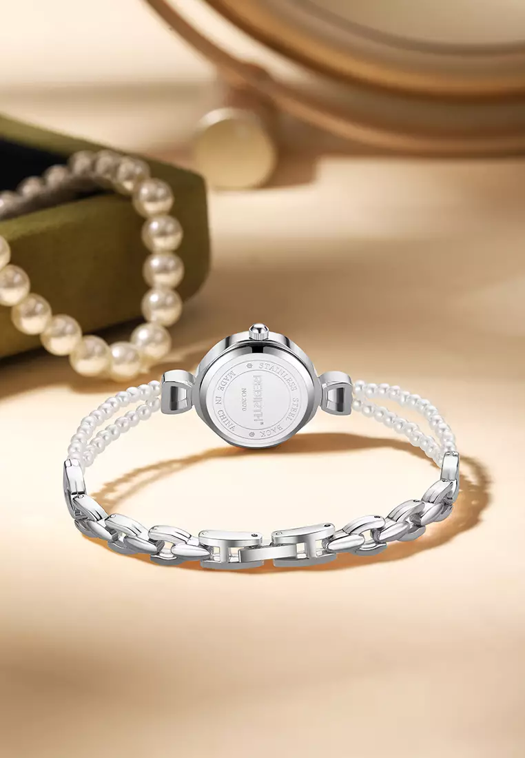 Jam Tangan Wanita Tali Mutiara Alloy Anti Air Quartz Elegan Warna silver white