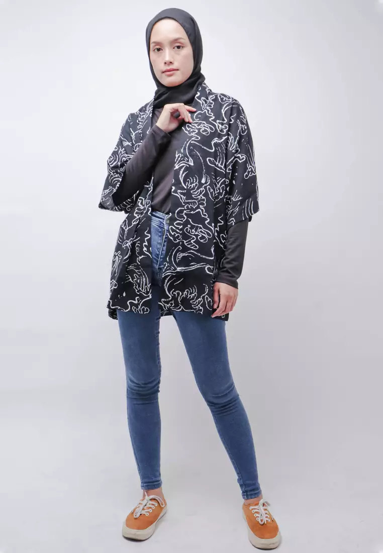 NTB05 KMN Kimono Outer Unisex Abstark 2 Hitam Putih