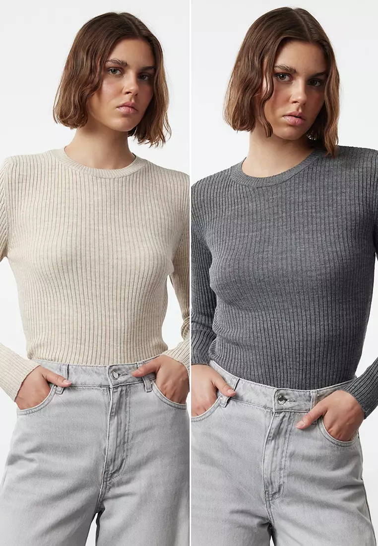 Anthracite-Beige Double Pack Knitwear Sweater TWOAW22KZ1766