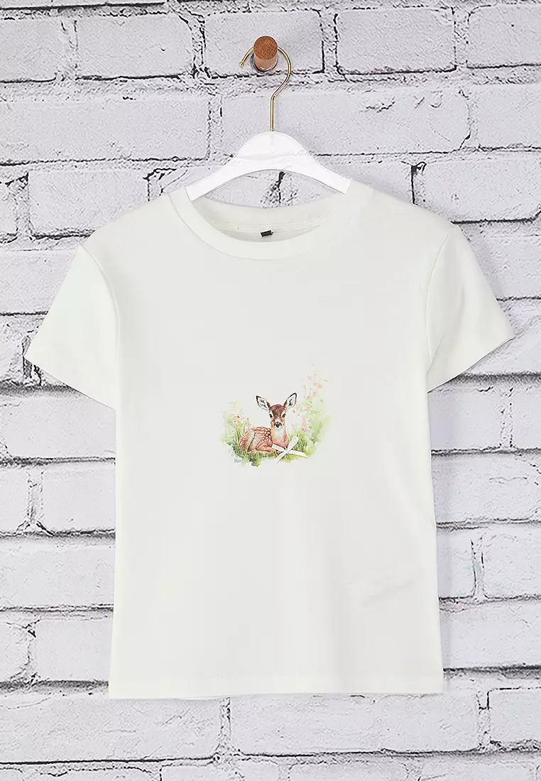 Ecru Deer Printed Fitted Knitted T-Shirt