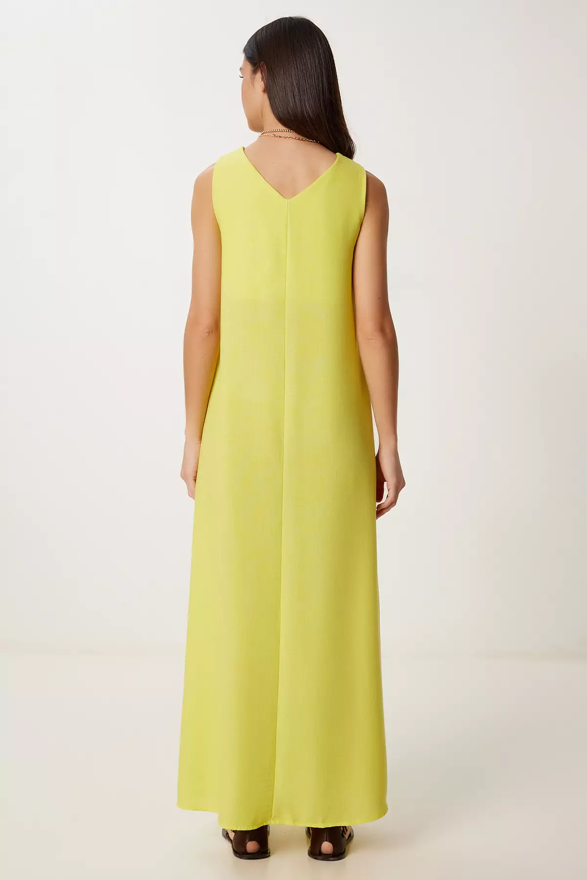 Women's Yellow Sleeveless Basic Summer Linen Dress Dz00128