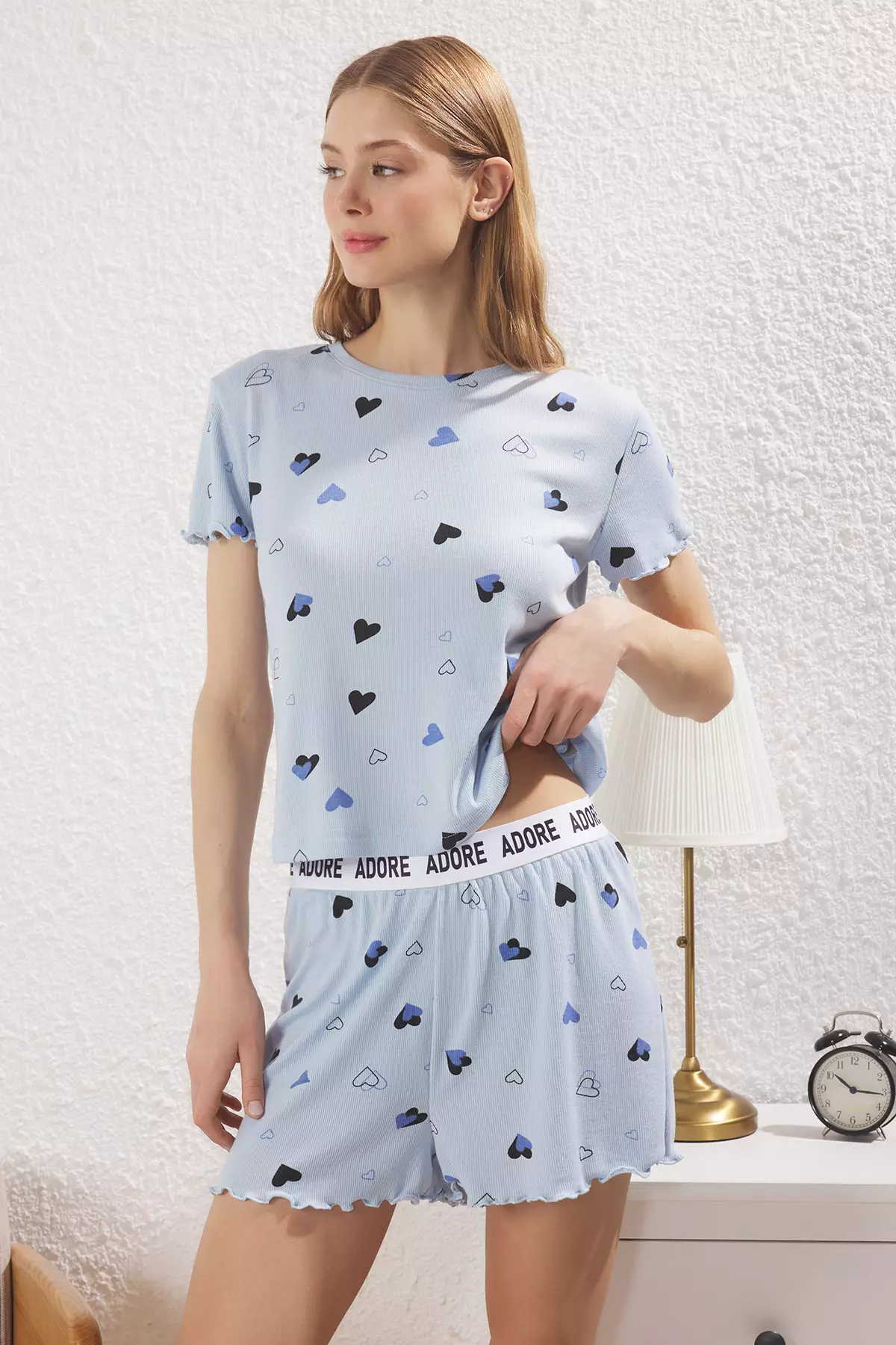 Blue Heart Slogan Printed Elastic Ribbed Shorts and Knitted Pajama Set THMSS24PT00220