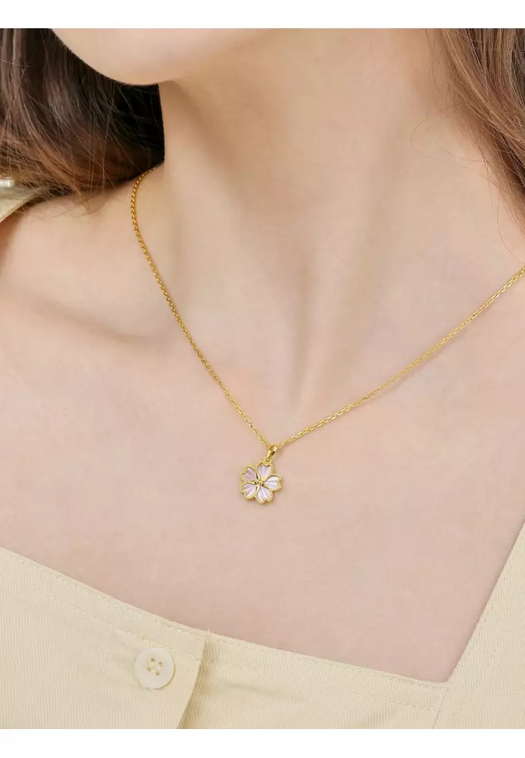 999.9 24K Solid Gold Dazzling Mother of Pearl Cherry Blossom Pendant for Women 93169P  [Not Include the Necklace]