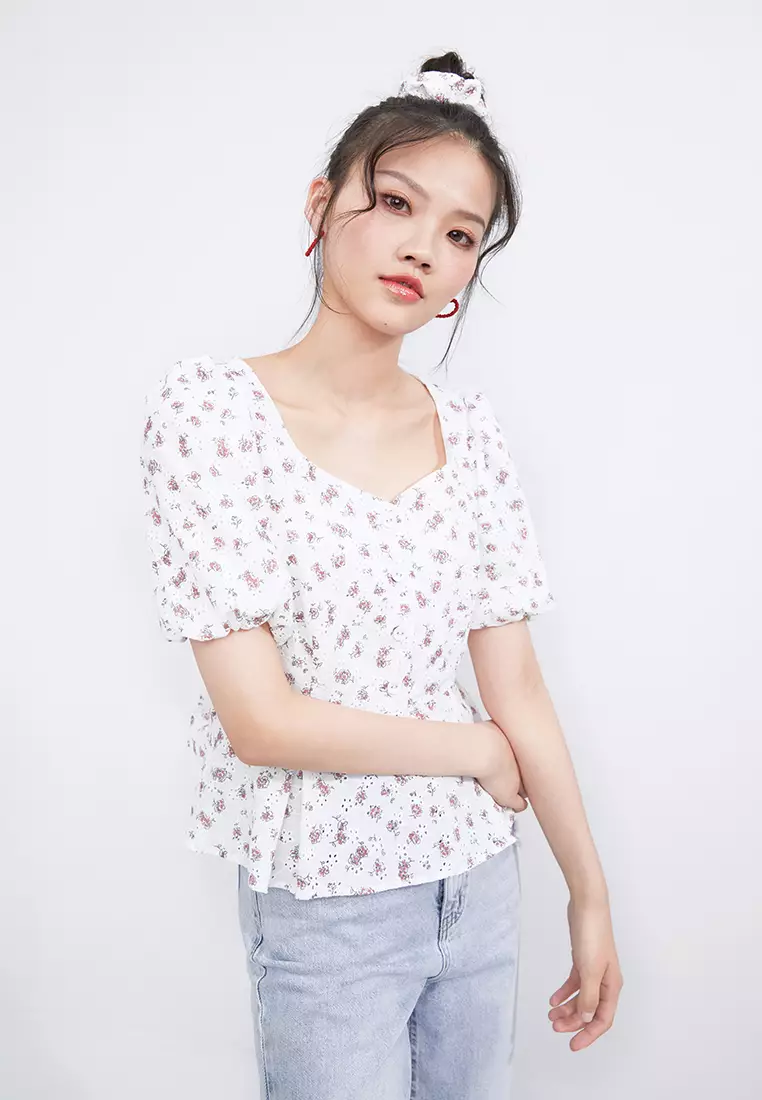 Puff Sleeve Square Neck Floral Blouse