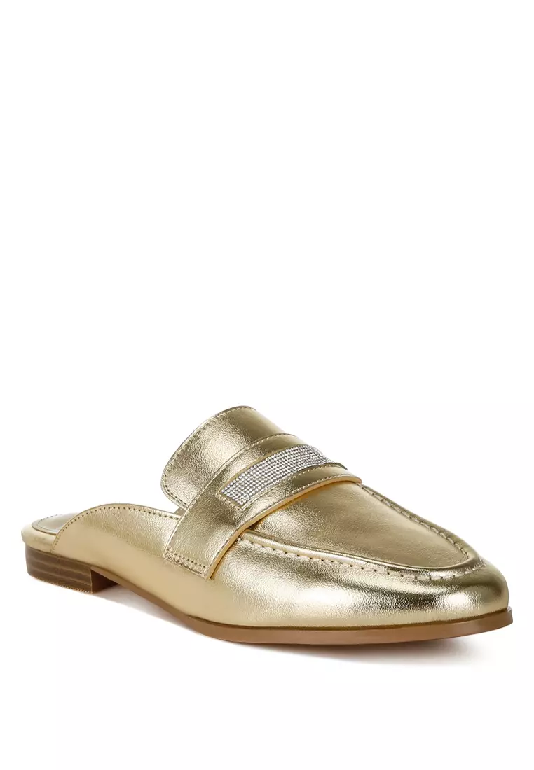 Rhinestones Slip On Mules in Gold