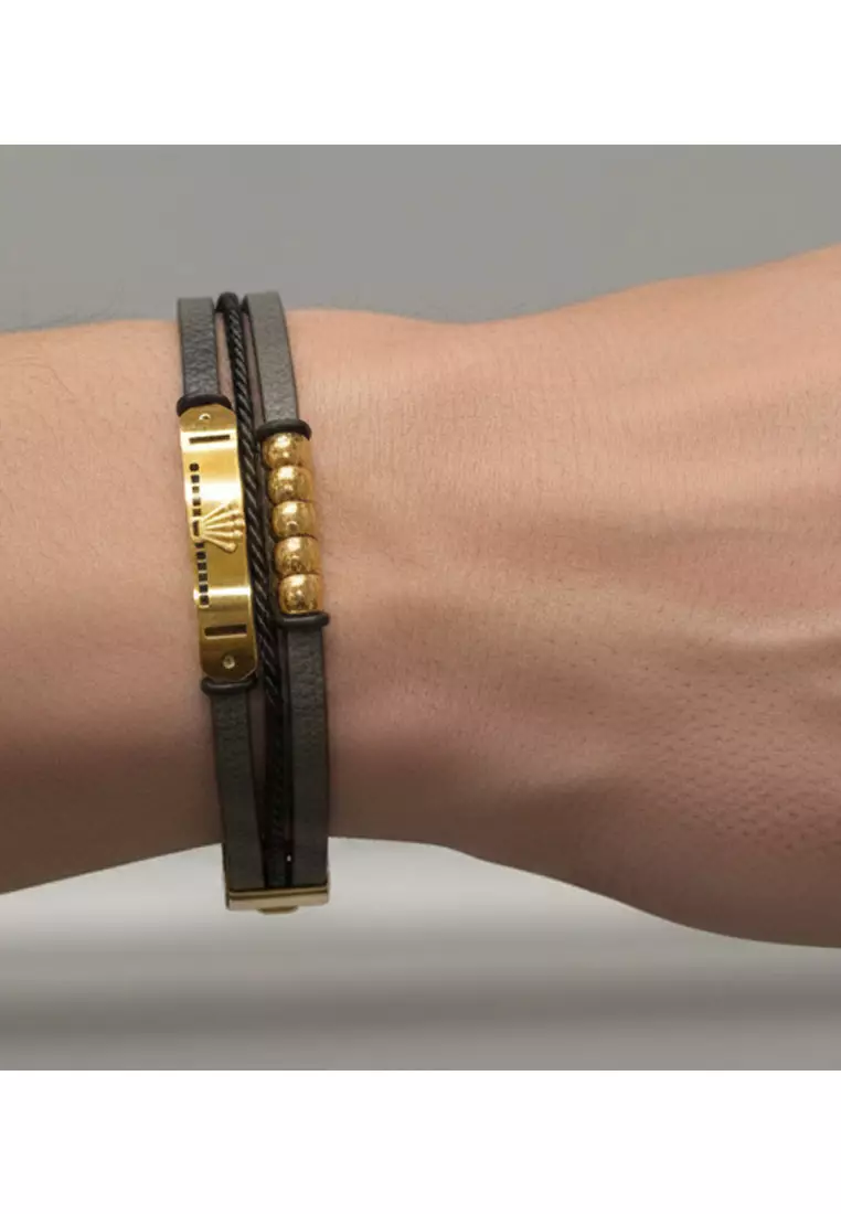 Aksesoris Gelang Pria Accessories Pria Crown Charm Leather Bracelet Gelang Pria Black & Gold