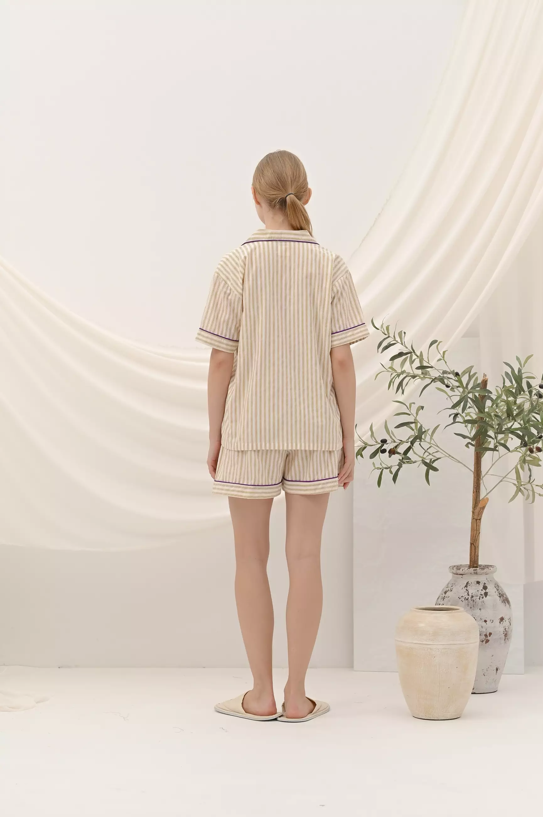 Set Piyama Katun Celana Pendek - Stripe Amber Sun | Sleepwear Baju Tidur Wanita