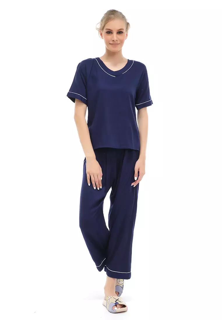 Vance Piyama Setelan Baju Tidur Wanita Lengan Pendek Material Rayon ORIGINAL - Navy