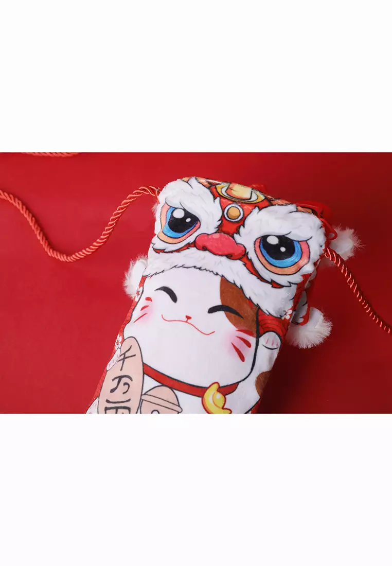 兒童新年舞狮头招财猫絨面紅包袋斜跨包