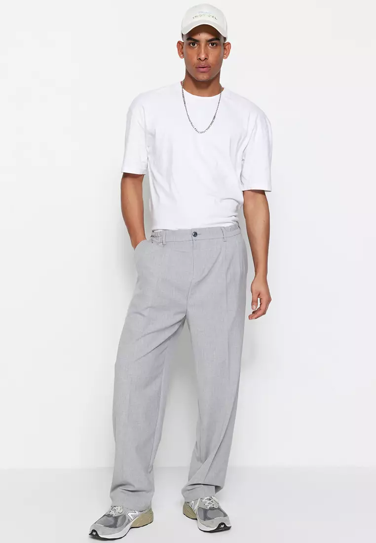 Men's Gray Palazzo Elastic Waist Pleated Pants