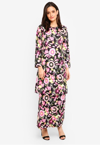 Floral Cotton Kurung from Gene Martino in Black and Pink