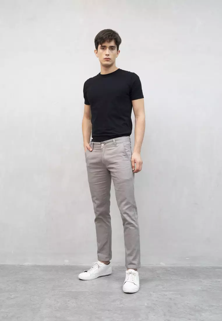 Celana Chino Panjang Pria Slim fit Stretch Jeans krem asap