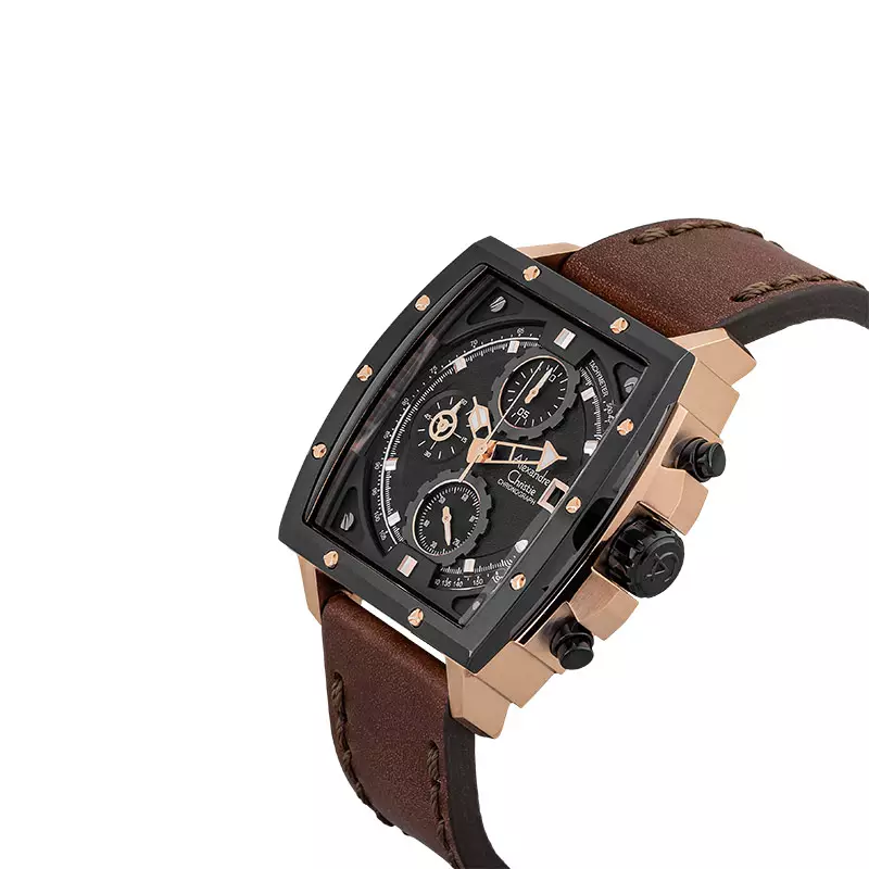 Jam Tangan Pria Alexandre Christie Chronograph AC 6376 MC LBRBA Men Black Dial Brown Leather Strap