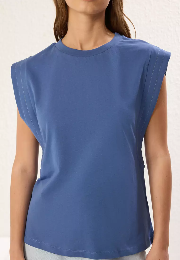 Indigo Relaxed/Comfortable Pattern Sleeve Stitching Detail Crew Neck Knitted T-Shirt