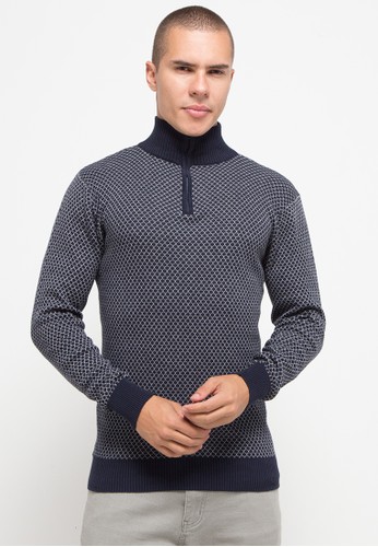 Gianni Visentin navy 1/4 Zipper Sweater, Geometric Pattern 2BFEFAA300AFE9GS_1