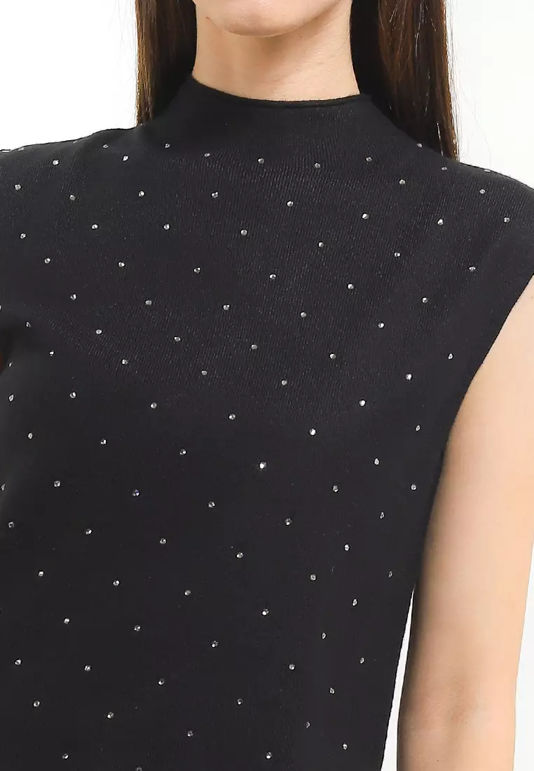 S/S Mock Neck Rhinestones Knit Tank Top