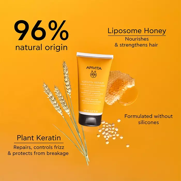 Apivita Keratin Repair Nourish & Repair Conditioner 150 ml | Perawatan Conditioner Rambut Natural Non SLS untuk Rambut Rusak dan Kering Menutrisi Memperbaiki dan Mencegah Bercabang