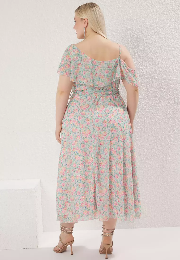 sachin and babi light blue dress Curves Pink Floral Chiffon Tie Neck Midi Dress