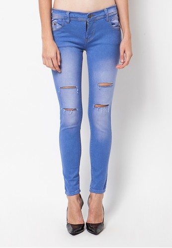 Soka Ladies Soft Jeans Fit Tattered 2 Blue Sea Spray White - Stretch