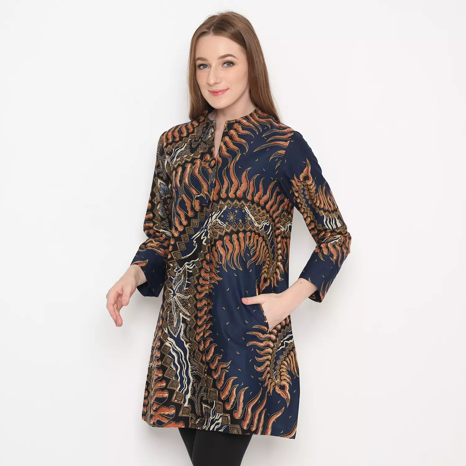 Tunik Batik Wanita Modern Tunik Kancing Lengan Panjang Warna Abu Motif Adhiyaksa