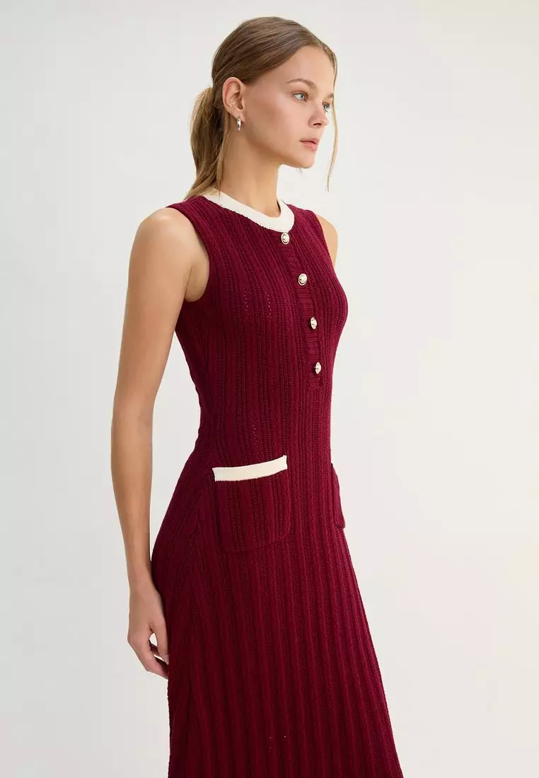 Knit Midi Dress with Contrast Trim - Burgundy