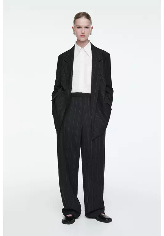 RELAXED PINSTRIPED BARREL-LEG TROUSERS