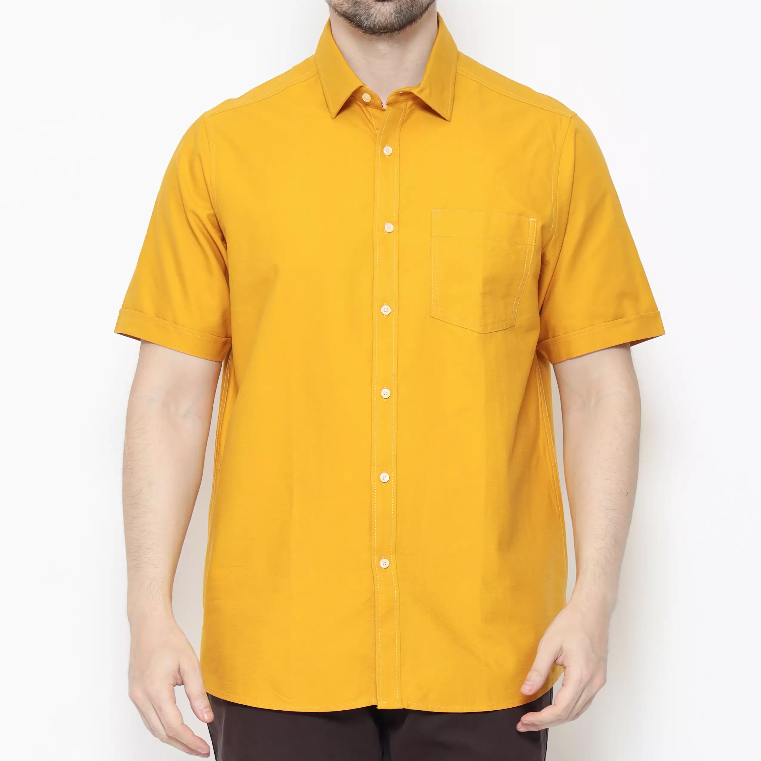 Lawell Kemeja Casual Pria Lengan Pendek Regular Fit Warna Mustard – Cotton Oxford Kecil – KING-MSRC