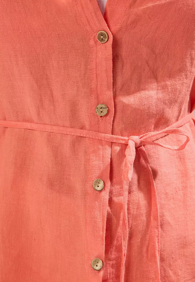 Coral Weaving 100% Linen Tied Beach Shirt TBESS25GO00015