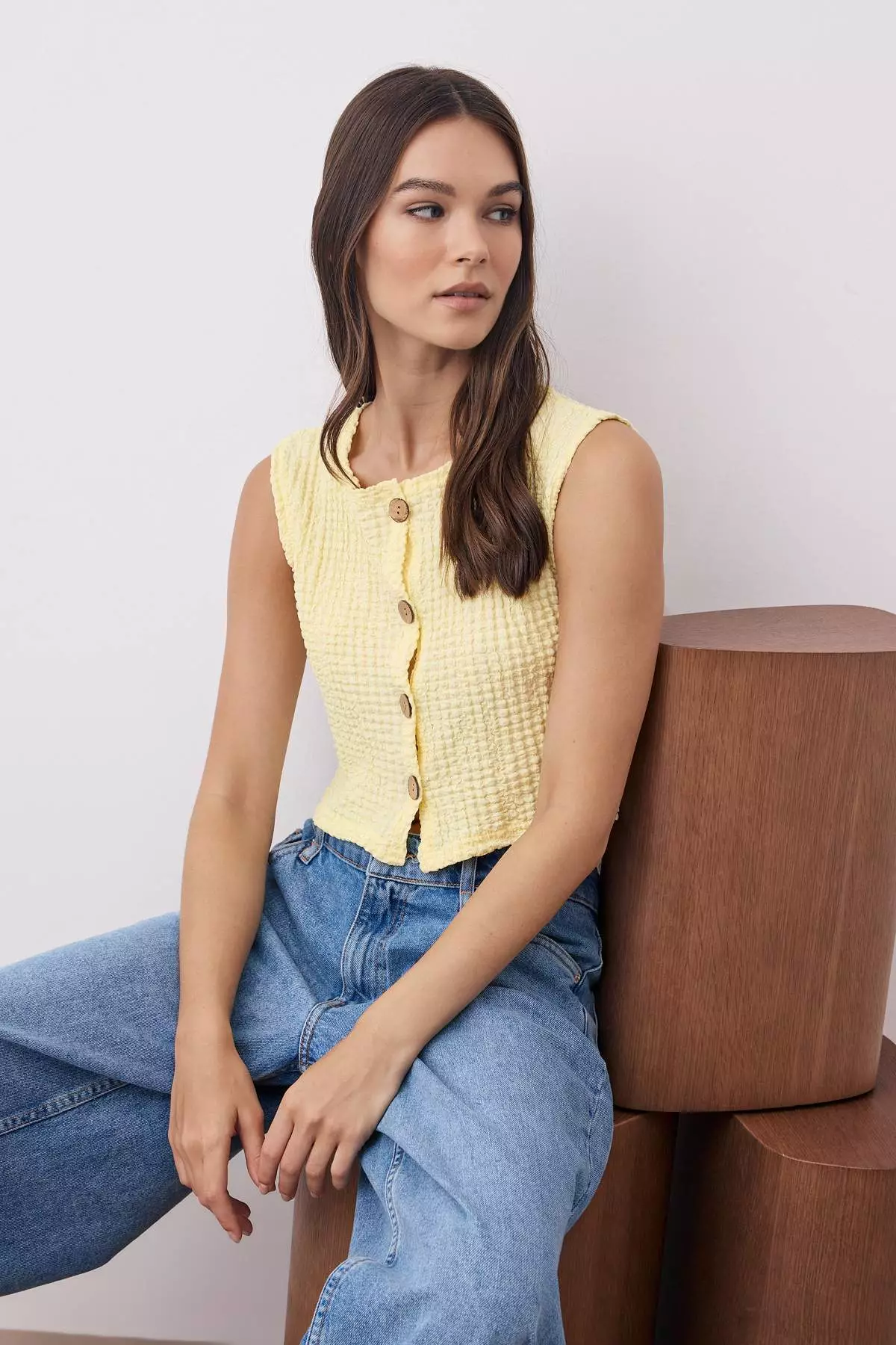 Yellow Textured Buttoned Fitted Crop Flexible Knit Blouse Vest