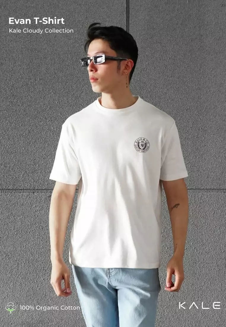 Kale Evan White / Cotton Cloudy / Kaos Boxy Fit / Kaos Korea / Atasan Kaos Pria / Kaos Basic Pria