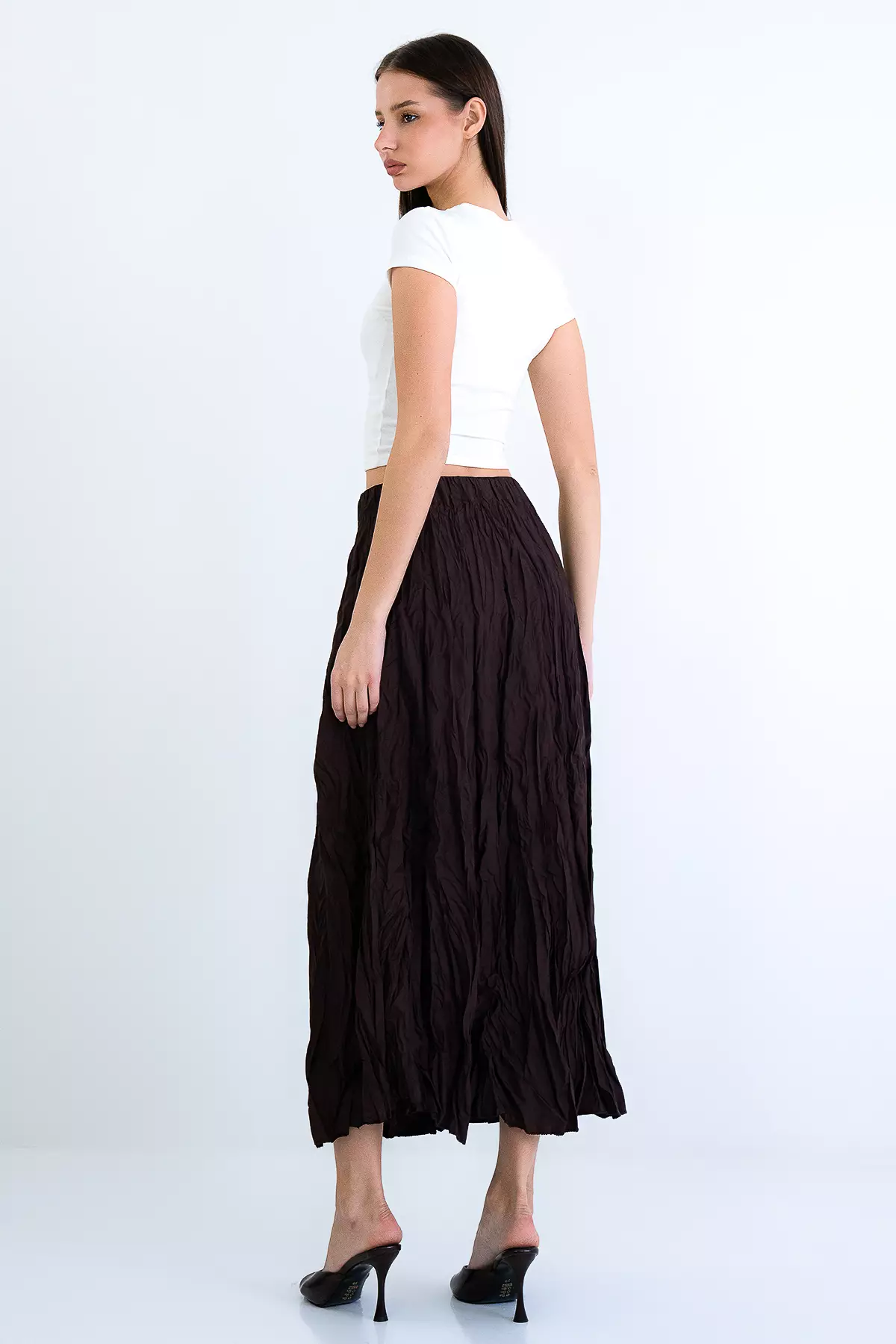 Brown Soft Crush Textured Midi Skirt Alc-X15225