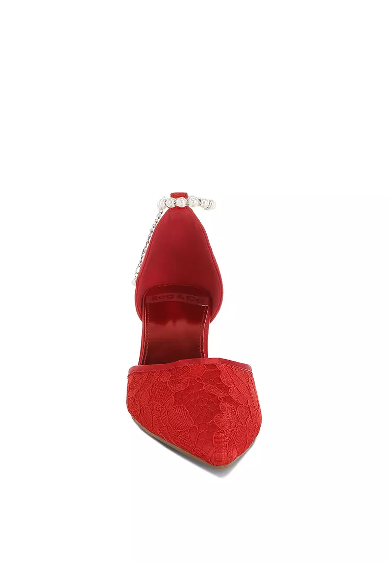 Sandal hak anak kucing berenda warna merah