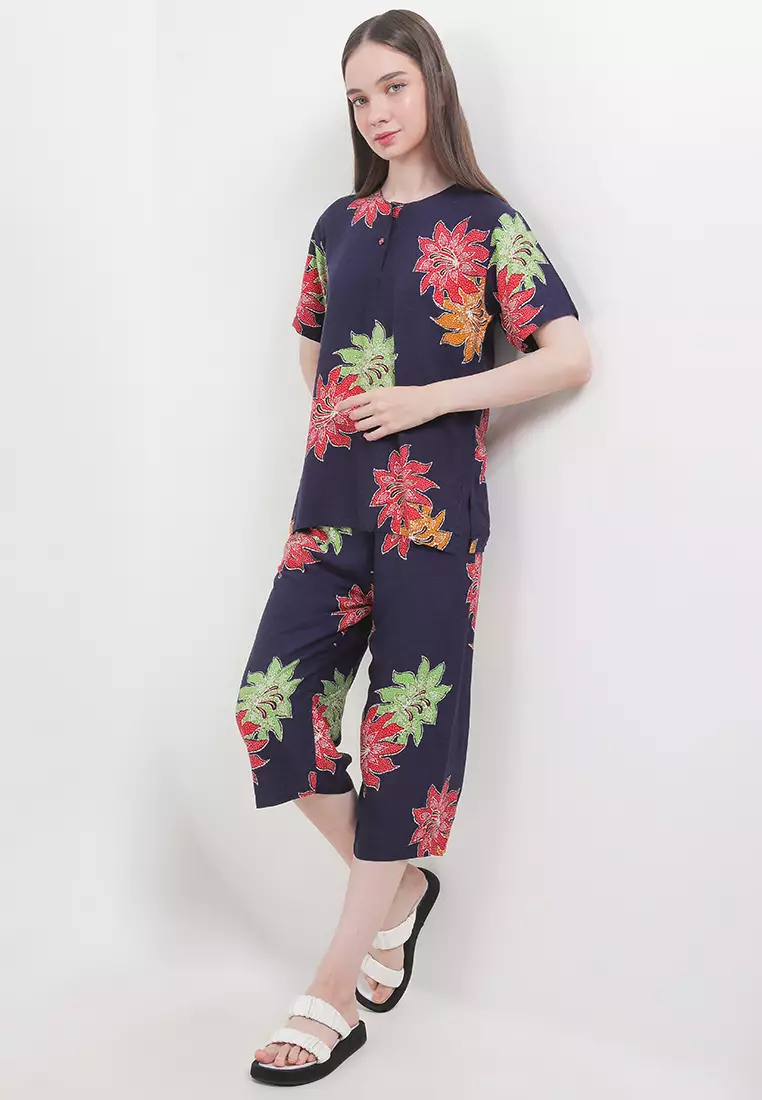 Baju Tidur Wanita Piyama Pajamas Batik Setelan Piyama Florina Atasan Blouse dan Bawahan Celana Navy