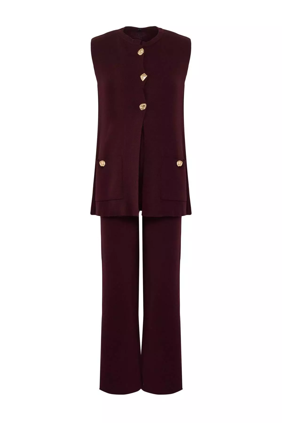 Plum Wide Fit Button Detail Vest Pants Knitwear Top And Bottom Set