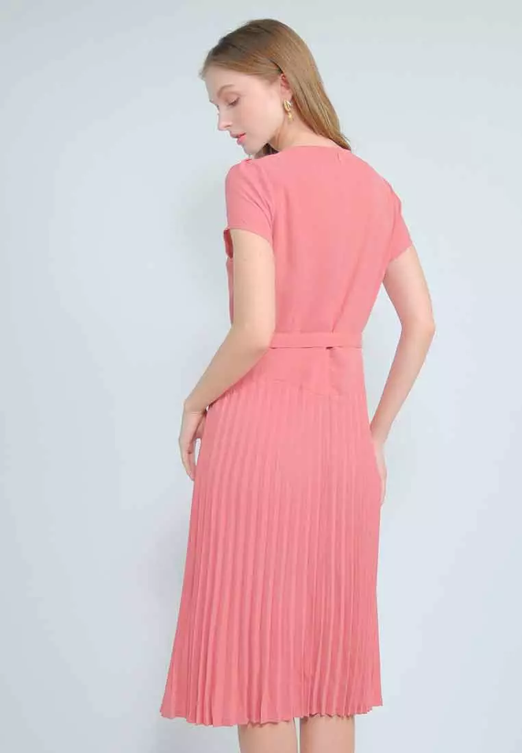 Amethyst V-neck Dress with Pleated Skirt and Adjustable Belt