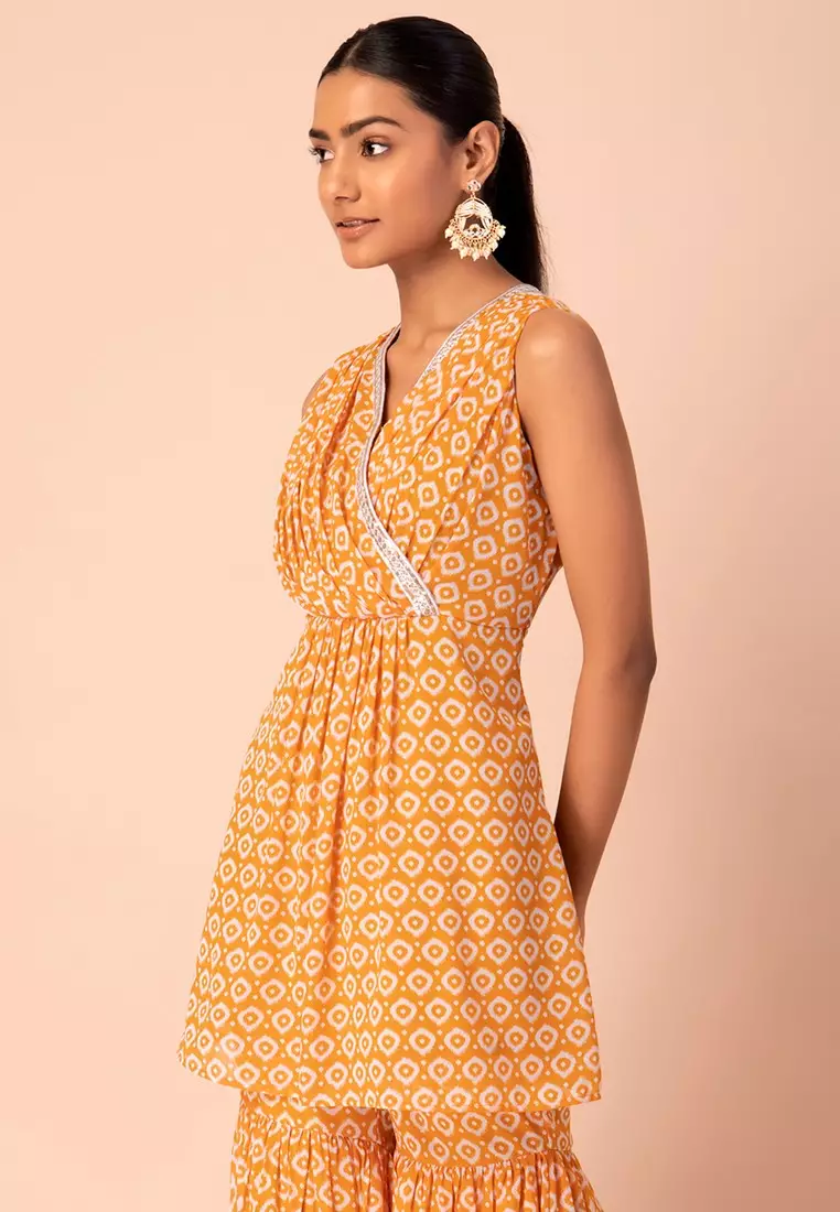 Yellow Ikat Printed Pleated Short Kurta