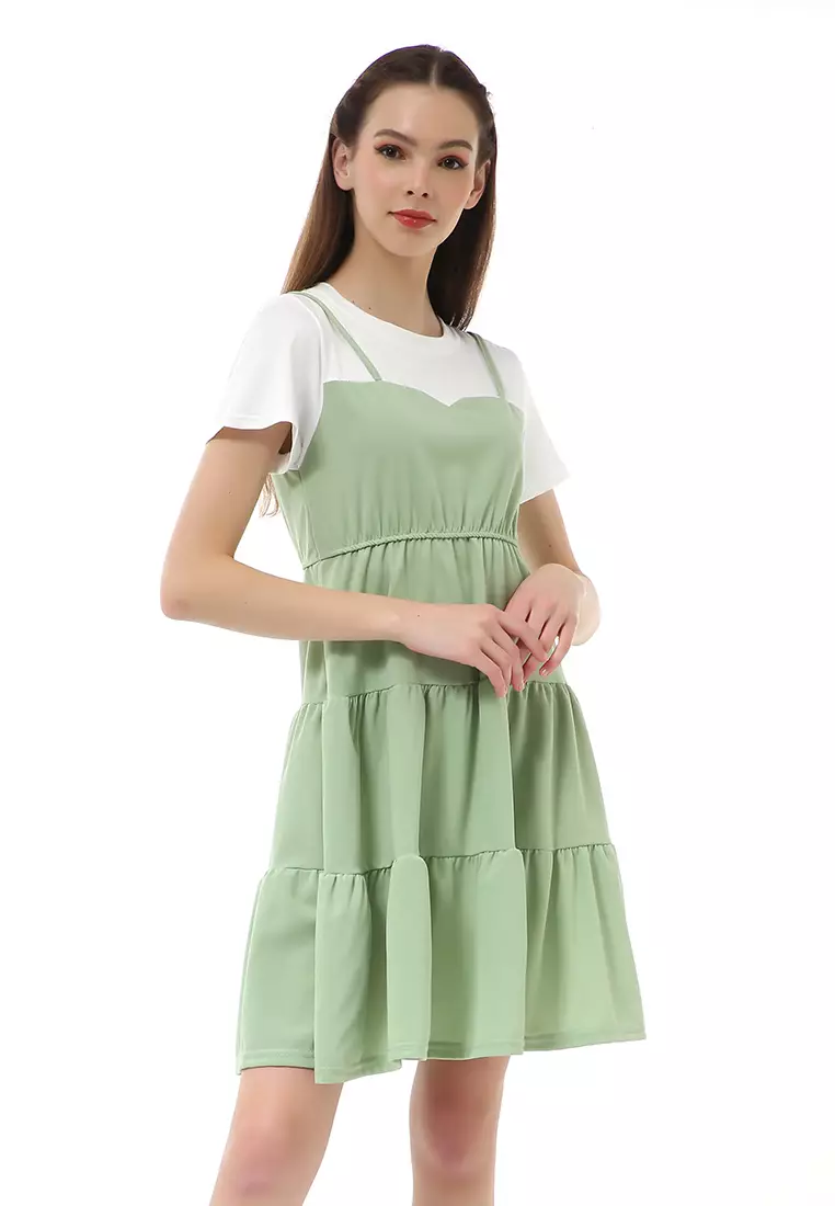 Rachel Midi Dress Wanita Lengan Pendek Model Menyatu Korean Style Material Cotton ORIGINAL - Green
