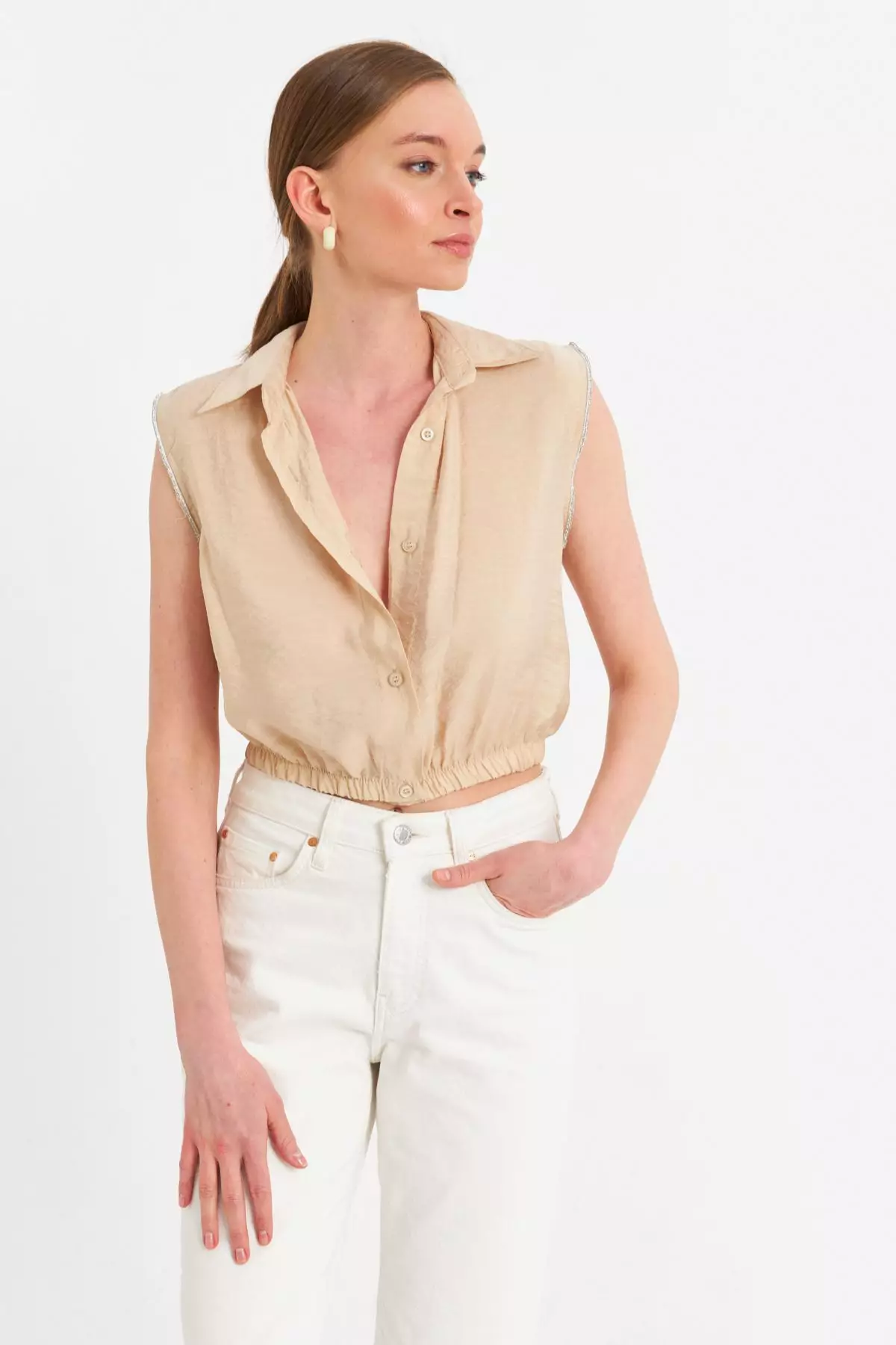 Stone Detailed Crop Shirt